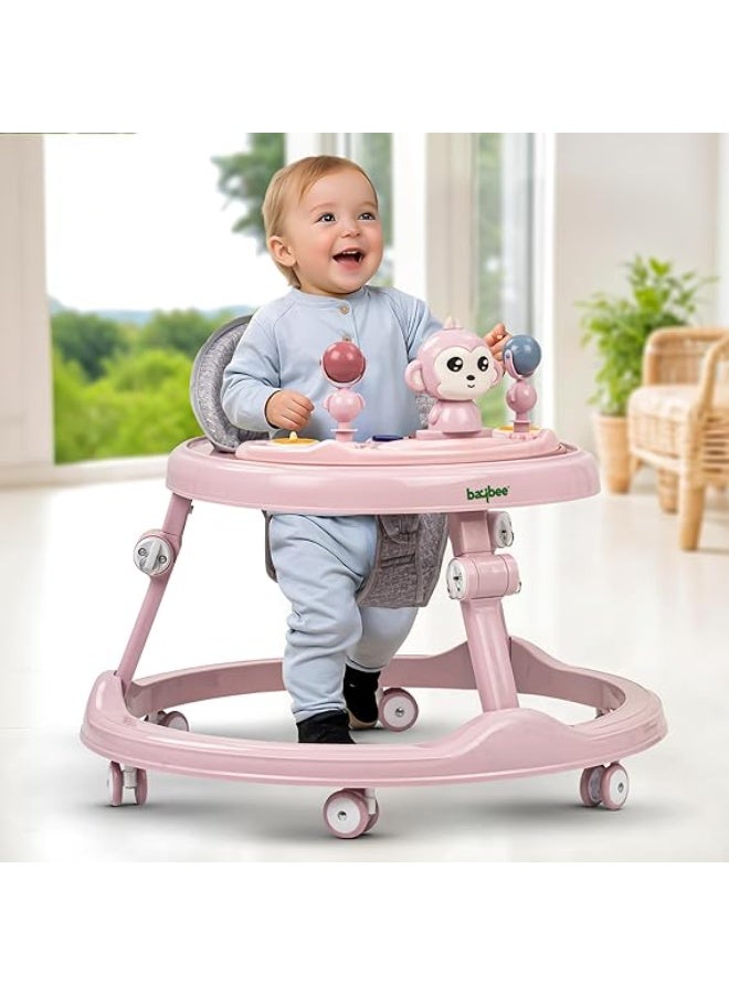 Baybee Drono Baby Walker for Kids with 4-Level Height Adjustment, Foldable Design, Food Tray & Musical Toy Bar | Round Activity Walker for Babies 6–18 Months (Pink) - Image 1